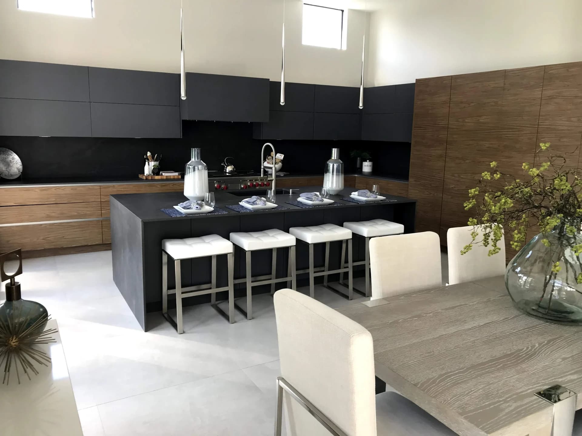 Custom-designed kitchen with maroon and white cabinetry by Morantz Custom Cabinetry