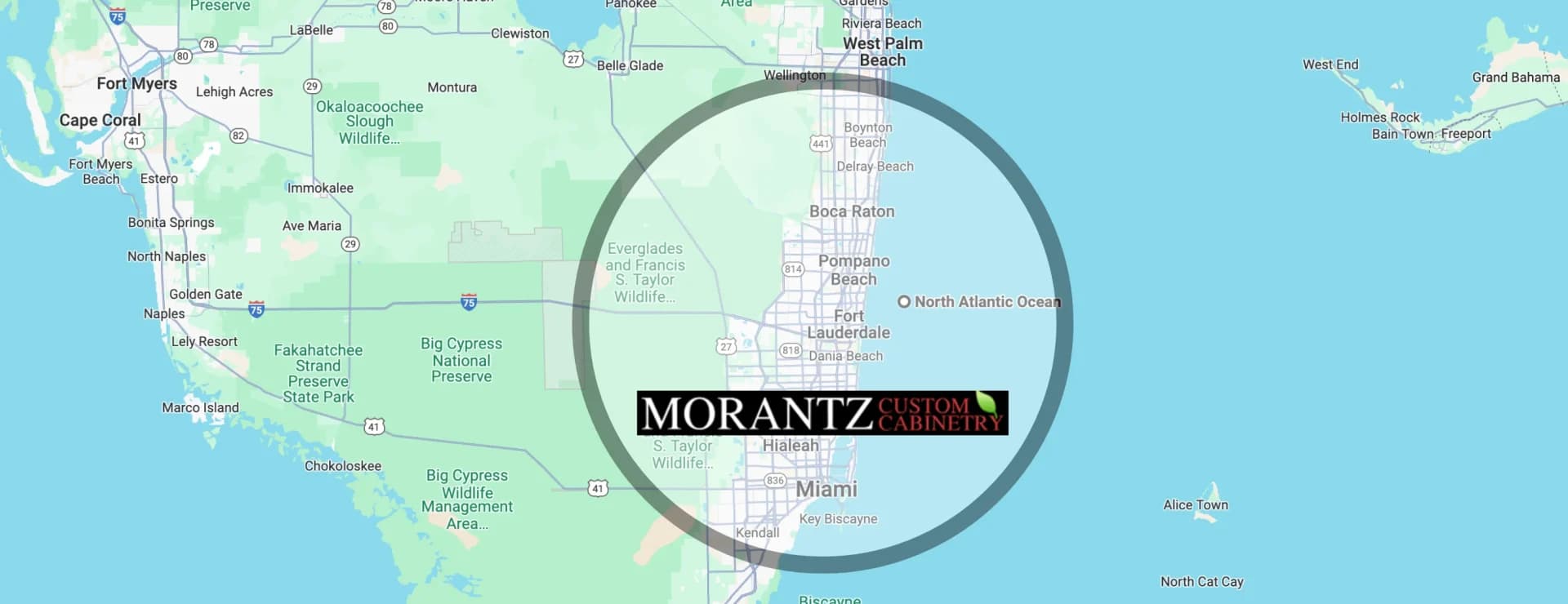 Map of the South Florida communities Morantz Custom Cabinetry serves, from Oakland Park to Miami Beach