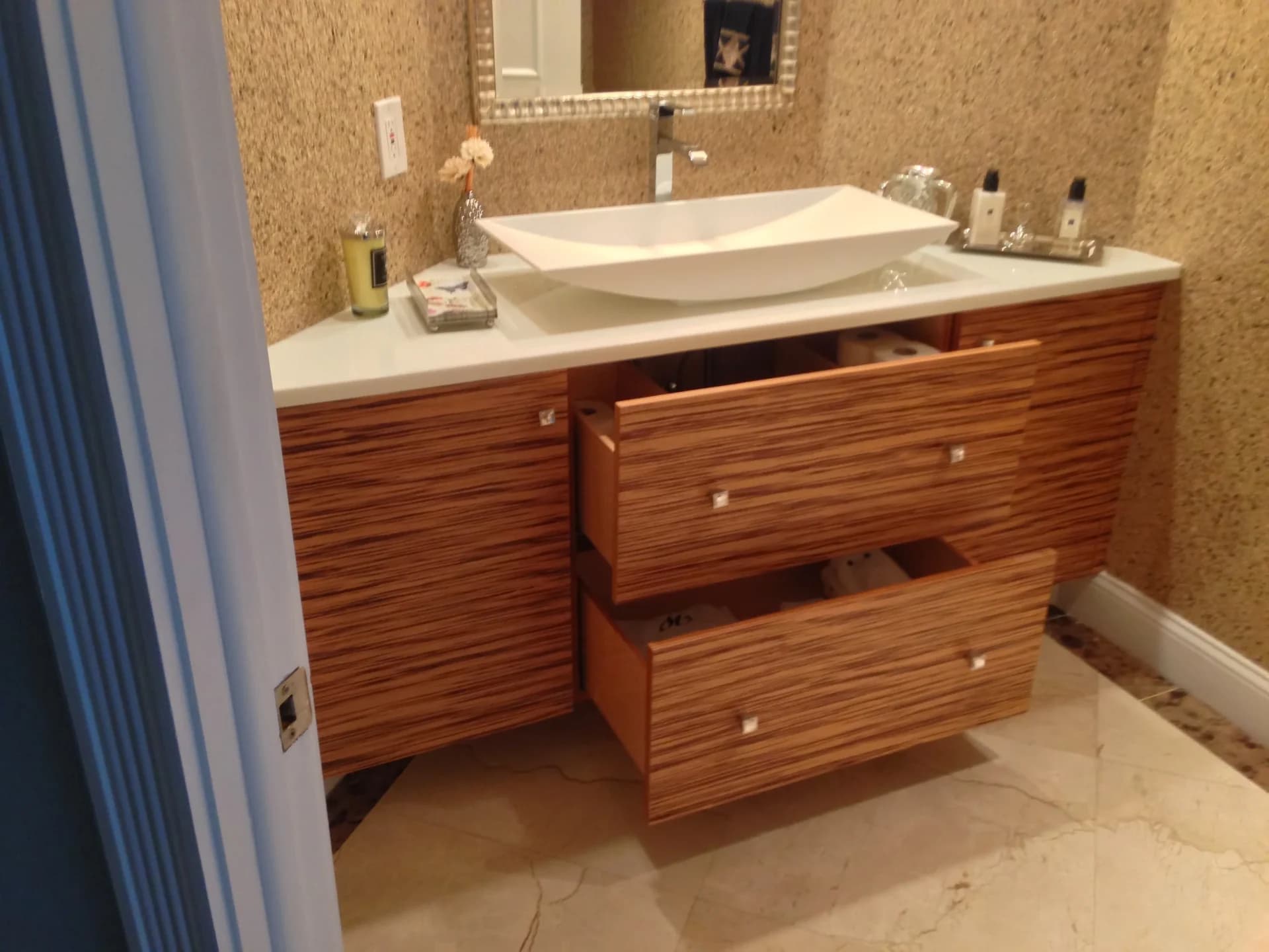 Completed custom bathroom cabinetry installation