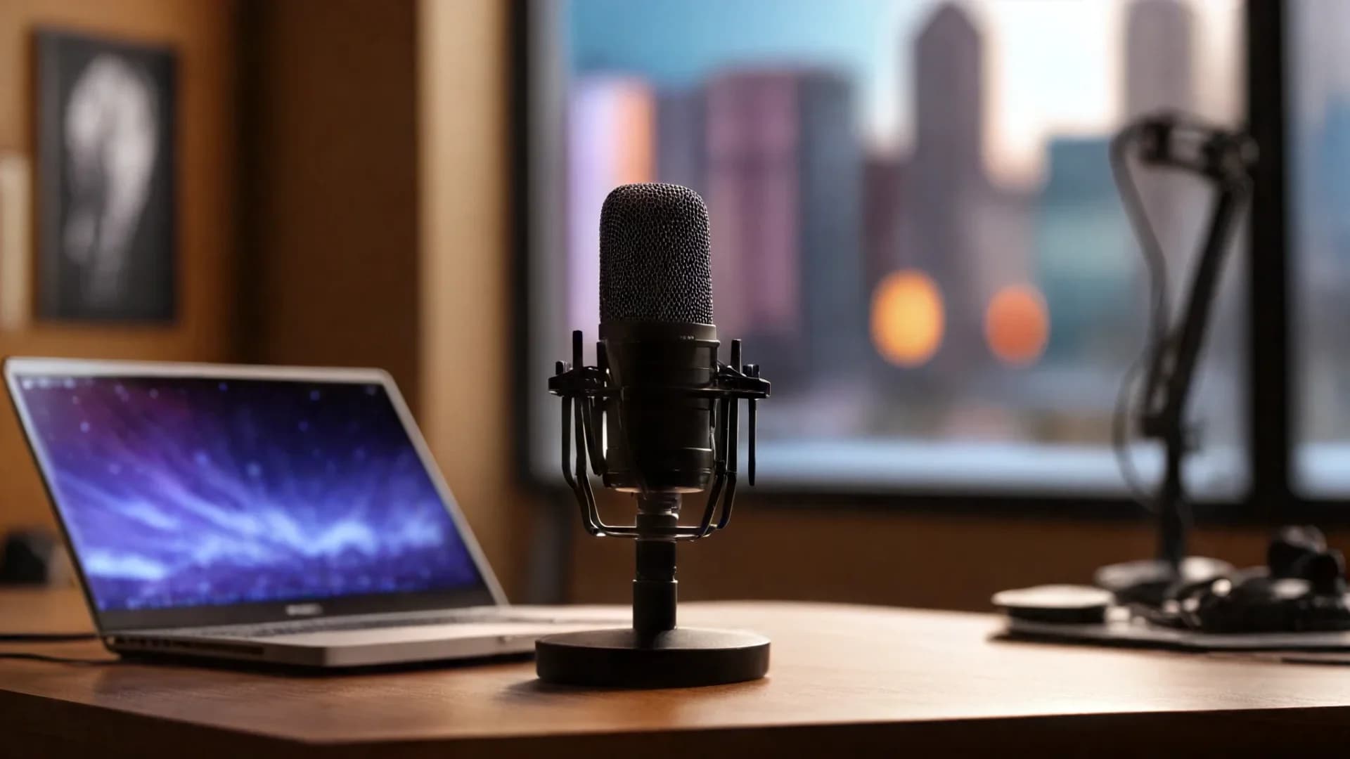 A podcast recording setup with a microphone and laptop